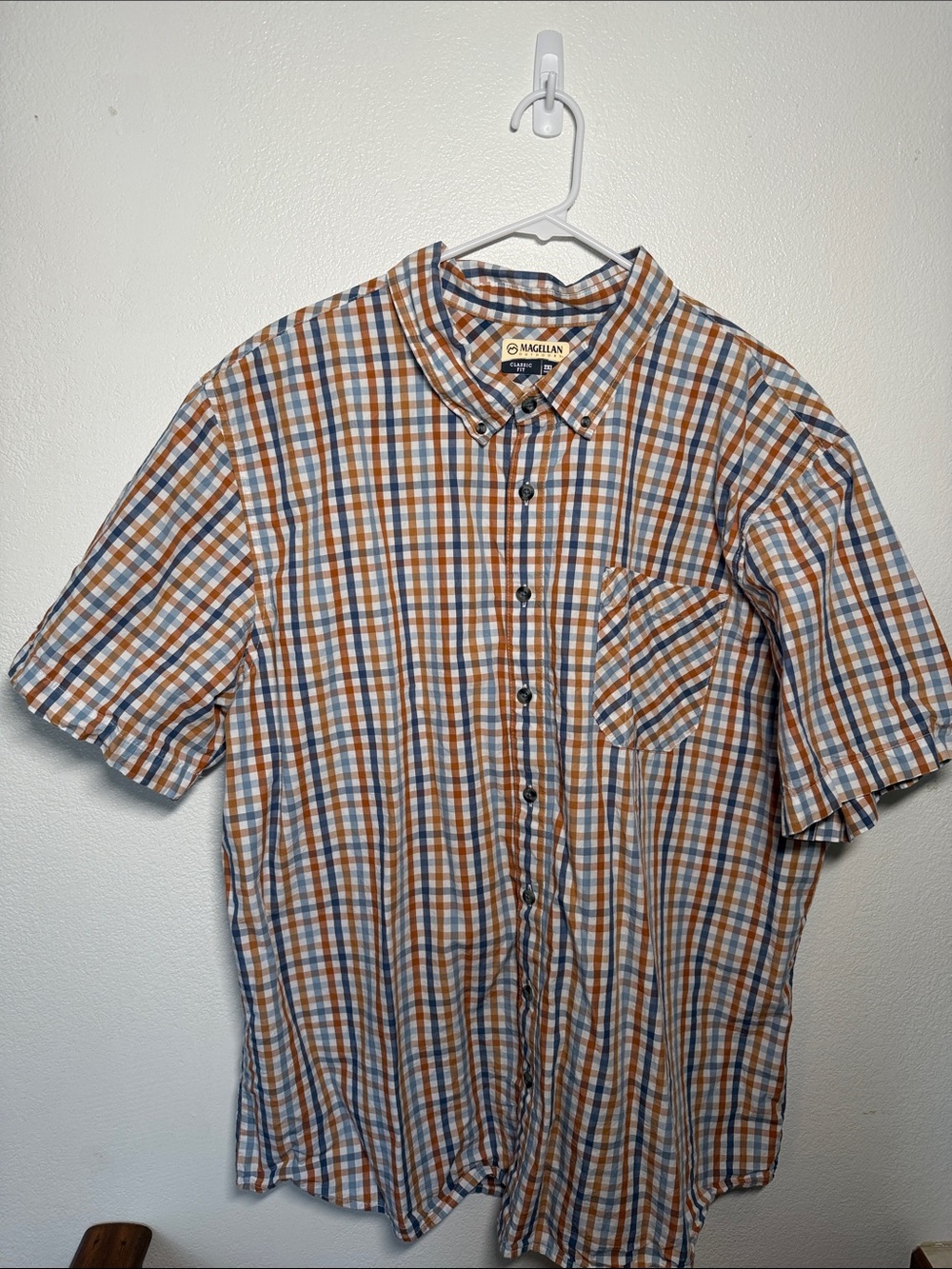 Magellan Outdoors Plaid Short-Sleeve Button-Down Shirt - Blue, Orange & White